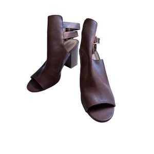 Brown Peep Toe Block Heel Booties with Buckle Straps